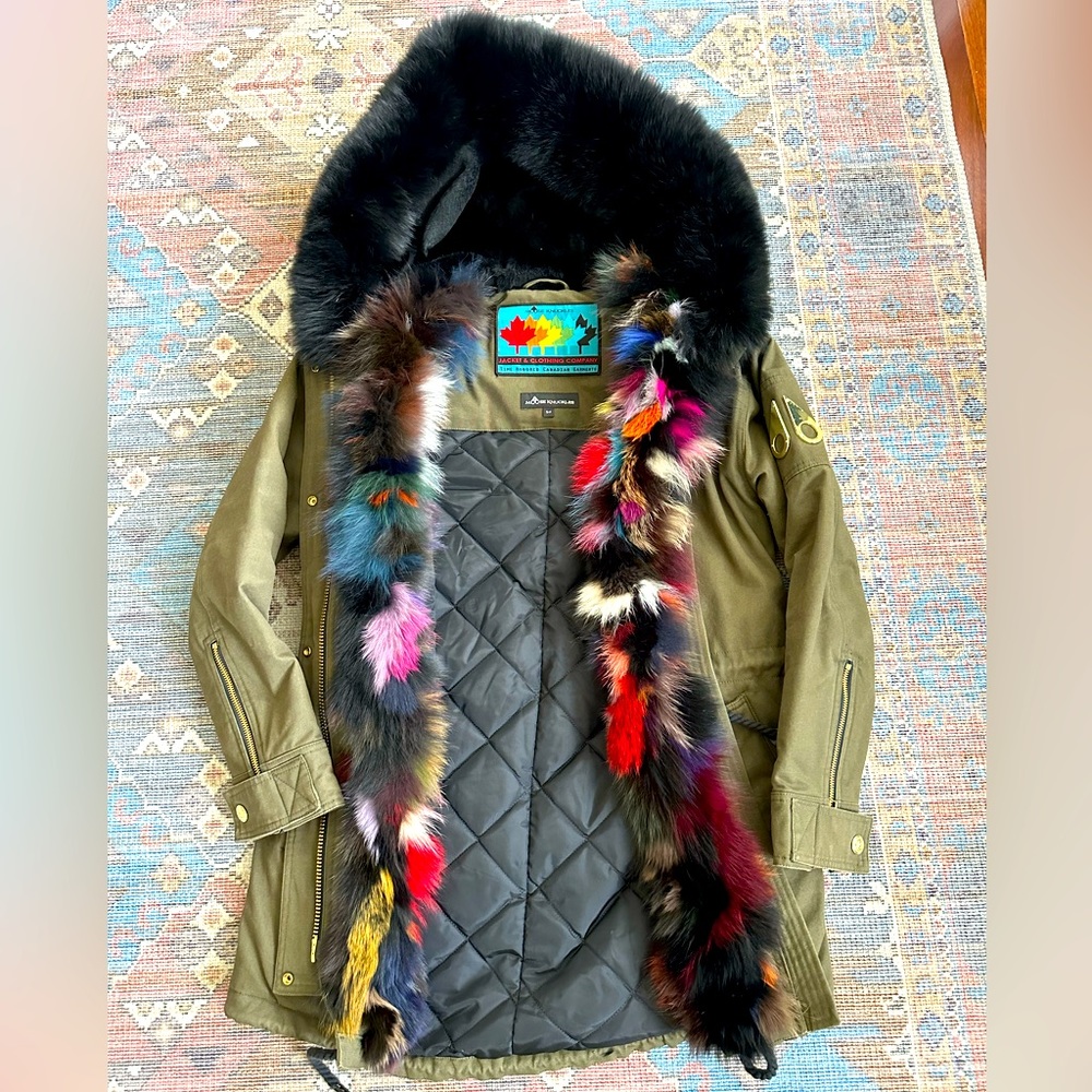 RARE Moose Knuckles olive Stellar Canvas Parka with multi-colored fur, size S